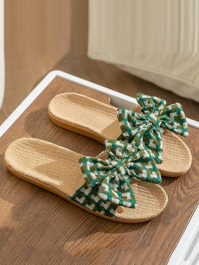 Women Summer Artsy Plaid Bowknot Linen Slippers