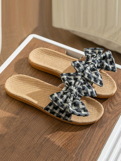 Women Summer Artsy Plaid Bowknot Linen Slippers