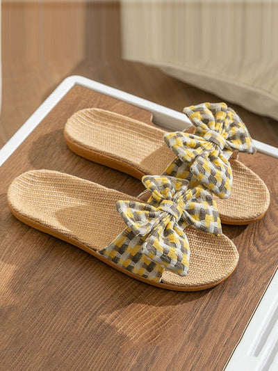 Women Summer Artsy Plaid Bowknot Linen Slippers