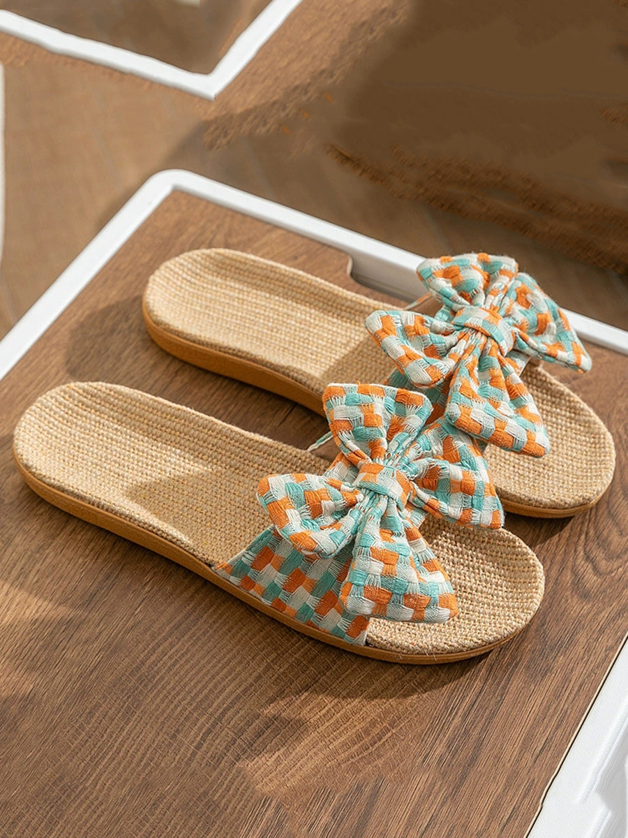 Women Summer Artsy Plaid Bowknot Linen Slippers
