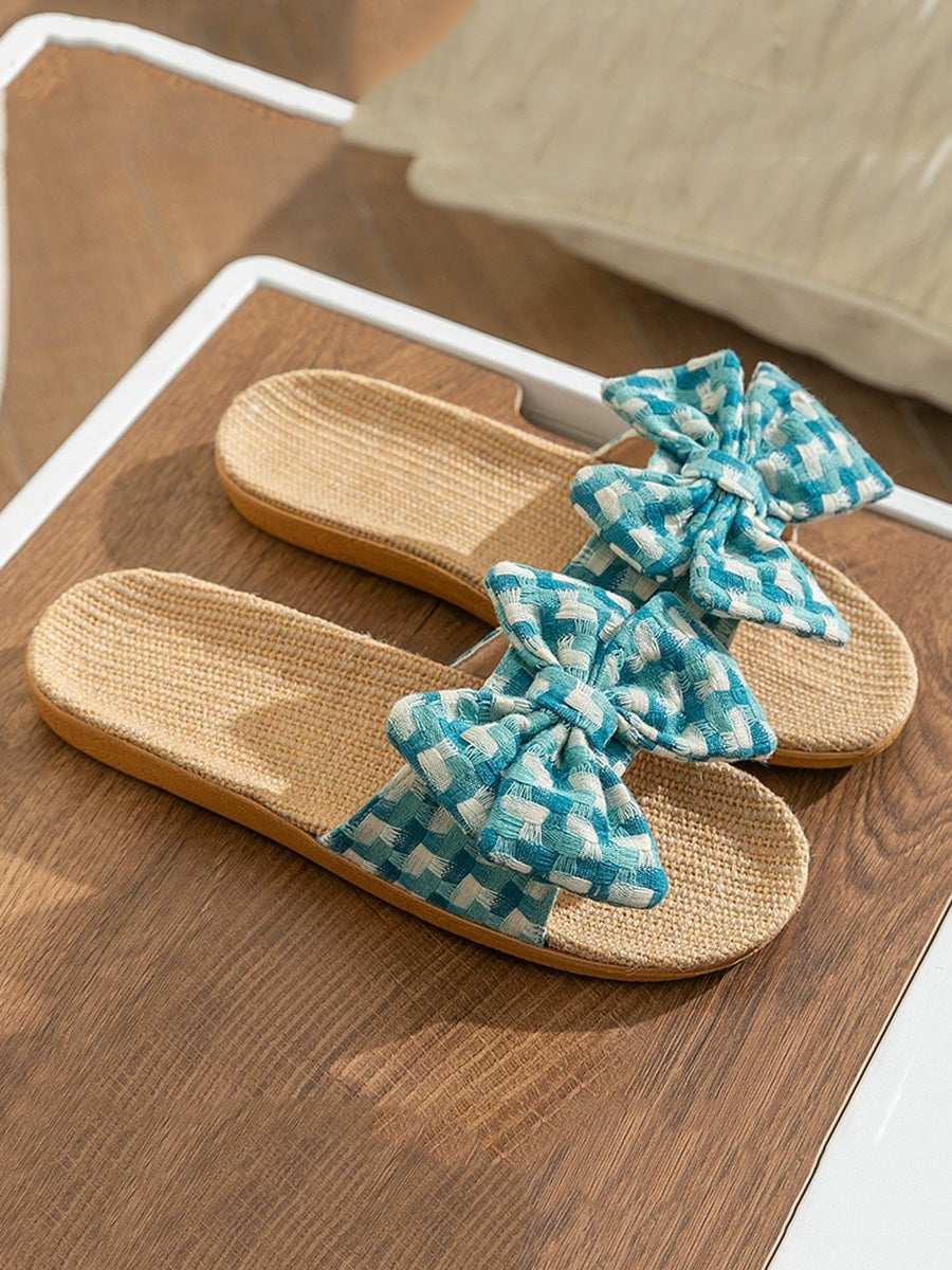 Women Summer Artsy Plaid Bowknot Linen Slippers