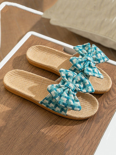 Women Summer Artsy Plaid Bowknot Linen Slippers
