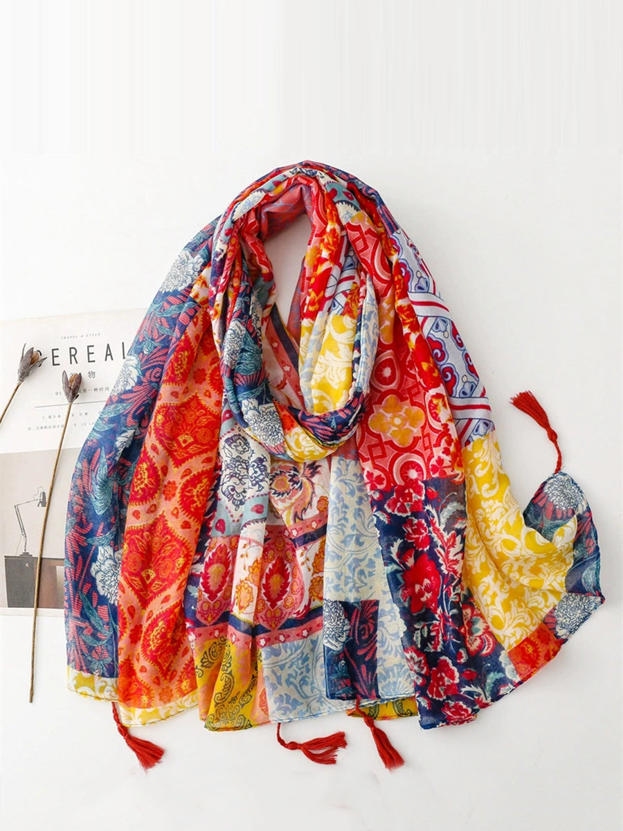 Women Summer Artsy Flower Tassel Shawl Scarf