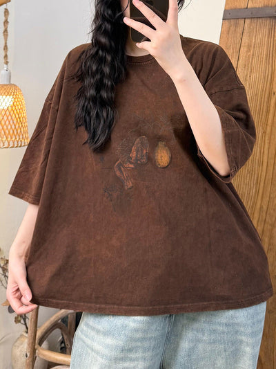 Women Summer Retro Cotton Vase O-Neck Shirt