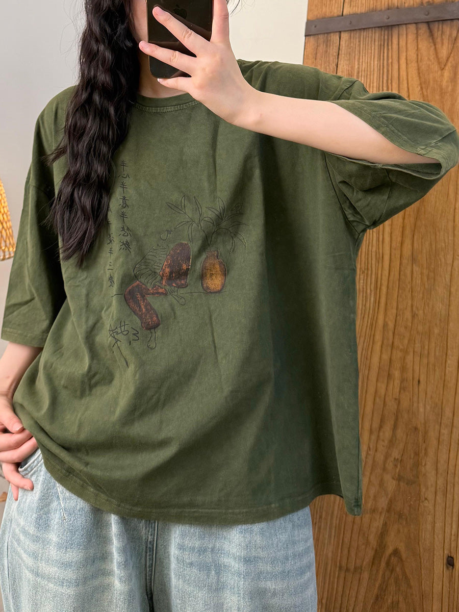 Women Summer Retro Cotton Vase O-Neck Shirt