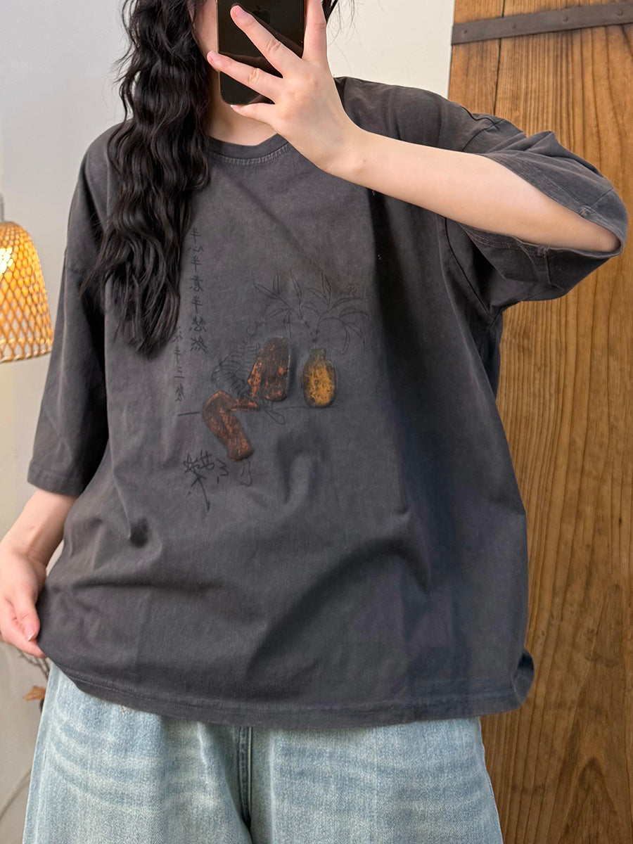 Women Summer Retro Cotton Vase O-Neck Shirt