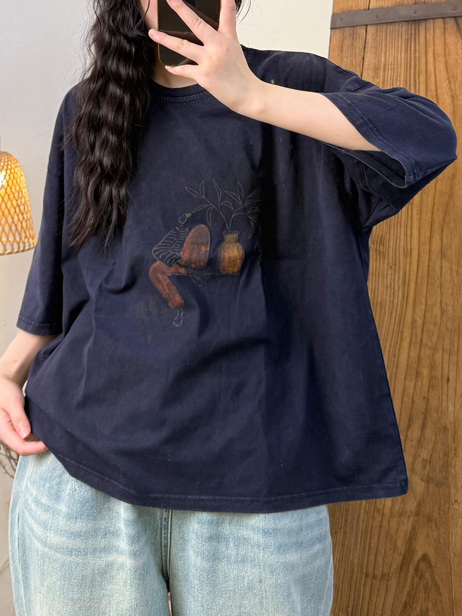 Women Summer Retro Cotton Vase O-Neck Shirt