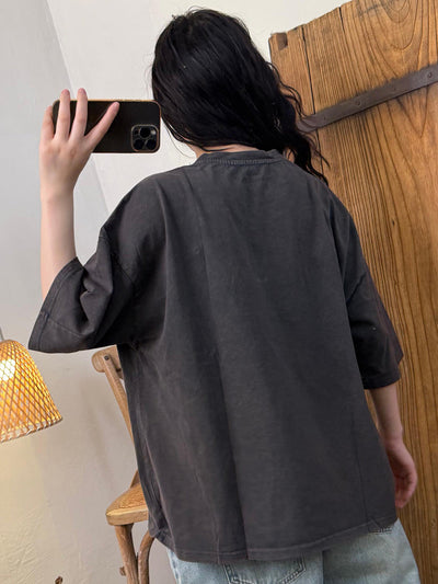 Women Summer Retro Cotton Vase O-Neck Shirt