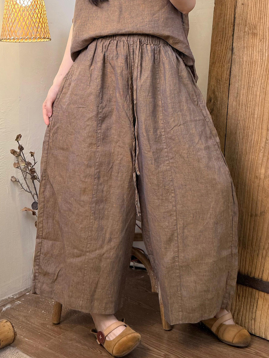 Women Summer Retro Pure Color Linen Wide-leg Pants
