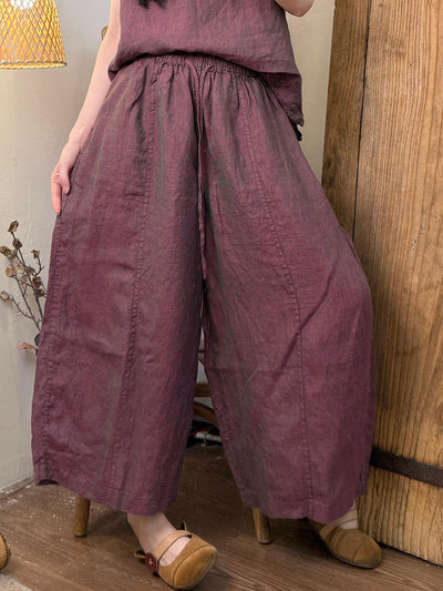 Women Summer Retro Pure Color Linen Wide-leg Pants