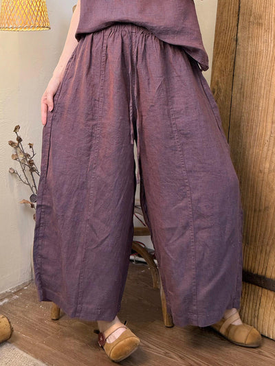 Women Summer Retro Pure Color Linen Wide-leg Pants