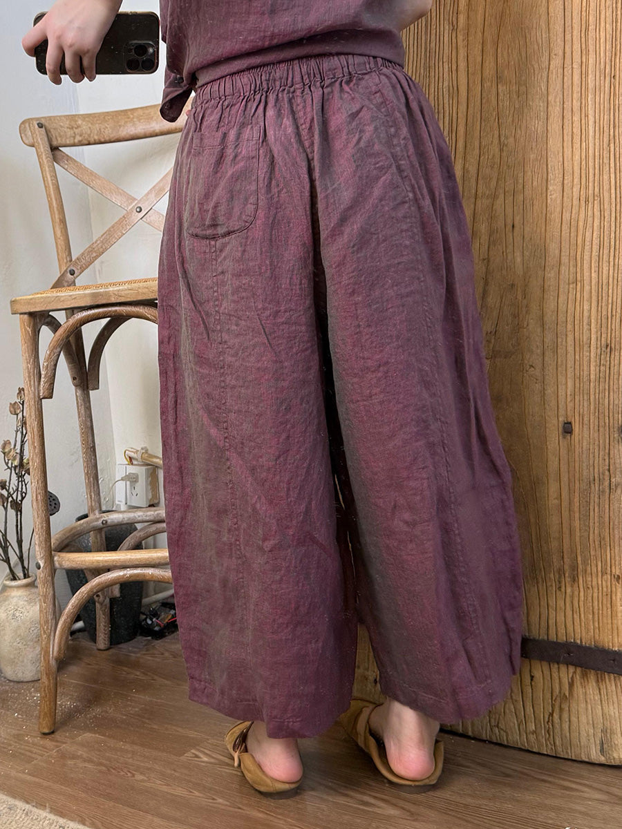 Women Summer Retro Pure Color Linen Wide-leg Pants
