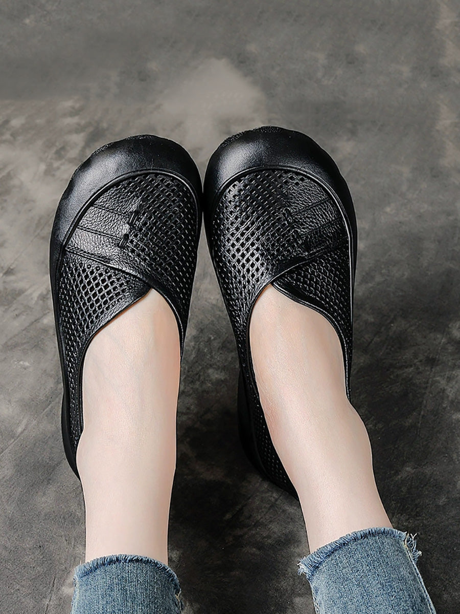 Women Summer Pure Color Leather Spliced Flat Shoes