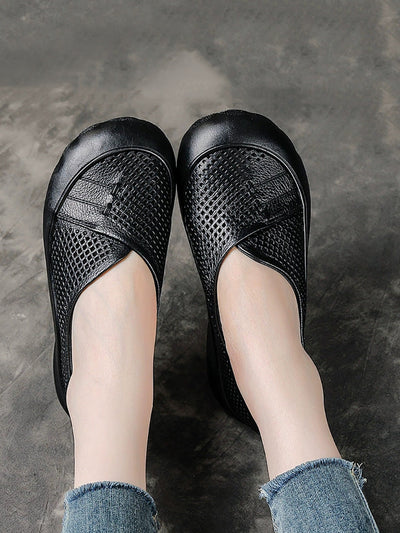 Women Summer Pure Color Leather Spliced Flat Shoes