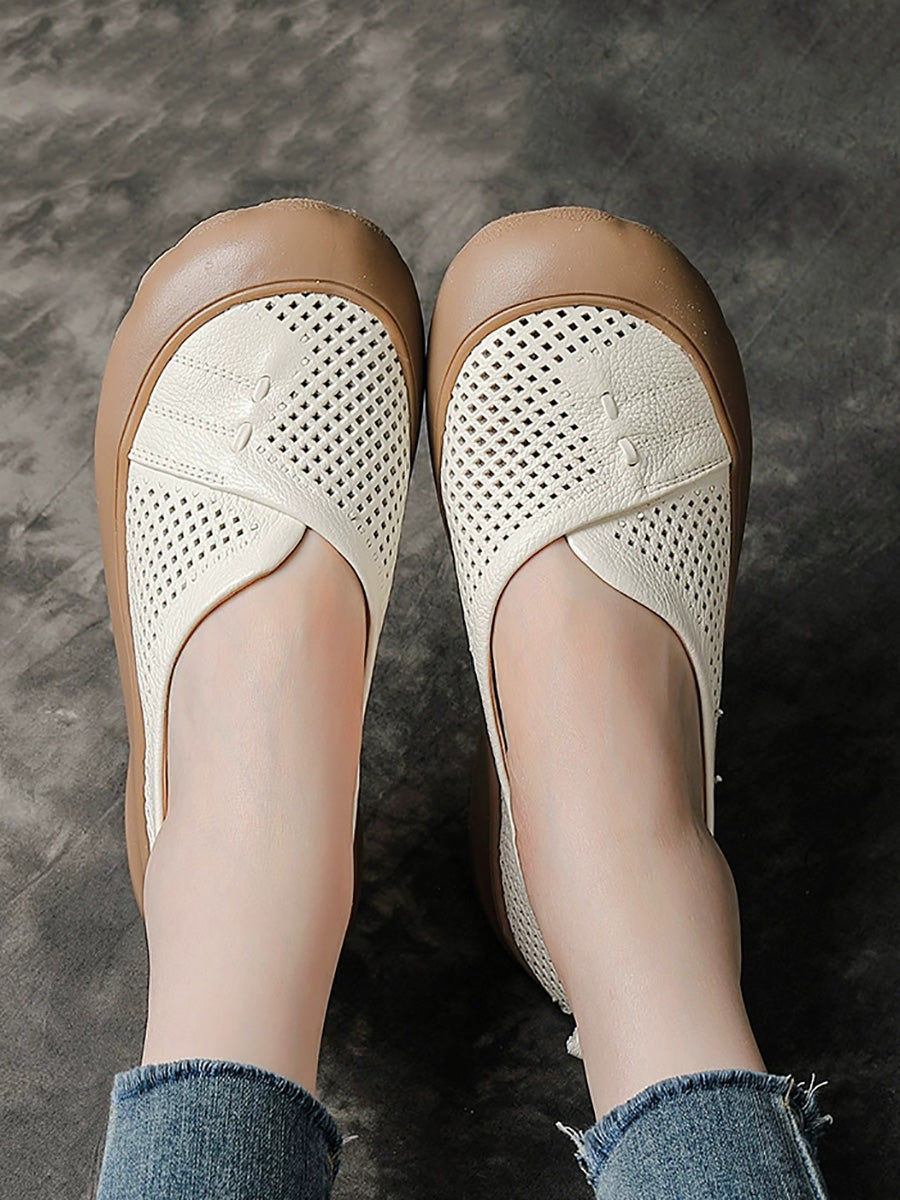 Women Summer Pure Color Leather Spliced Flat Shoes