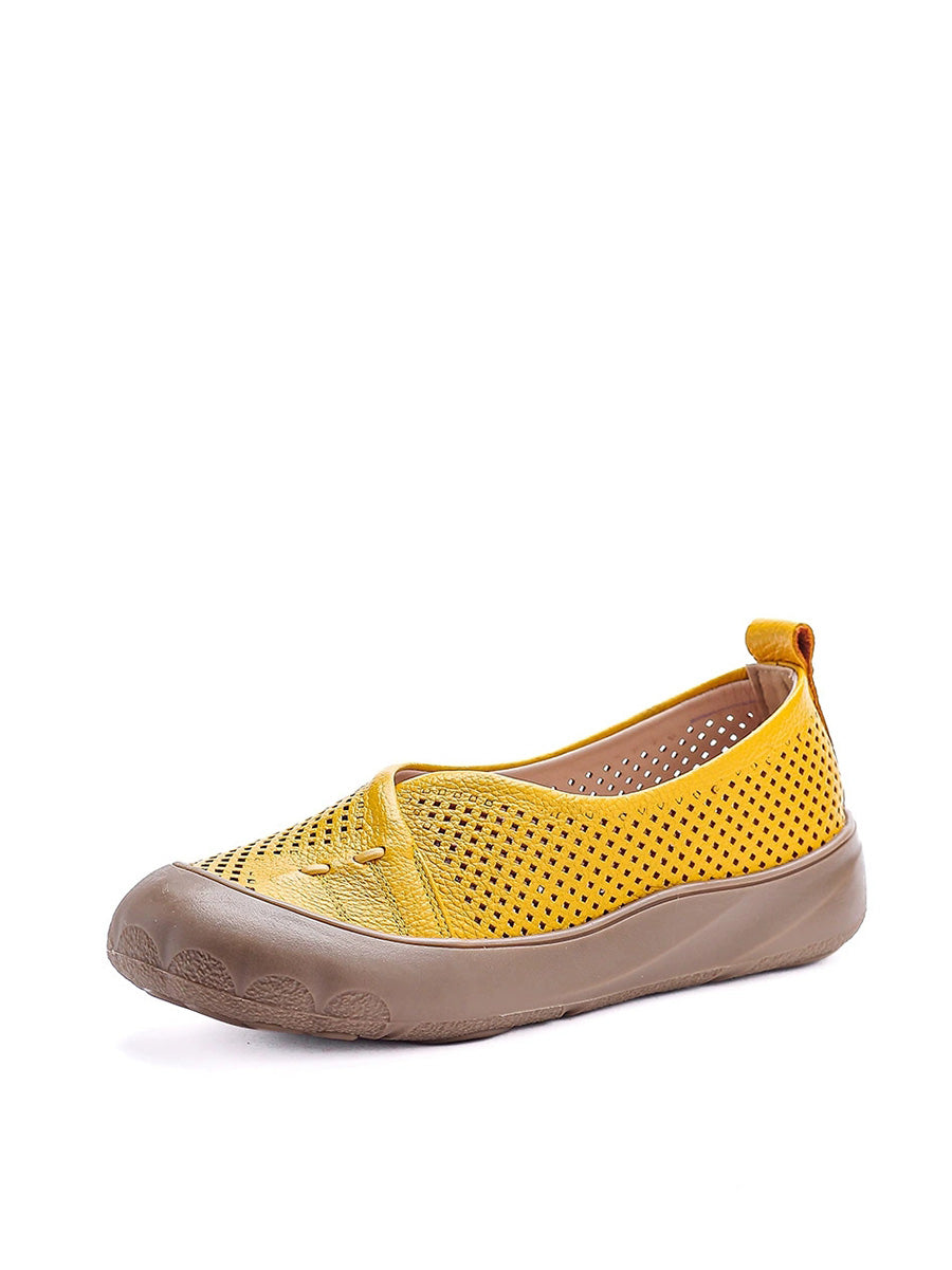Women Summer Pure Color Leather Spliced Flat Shoes