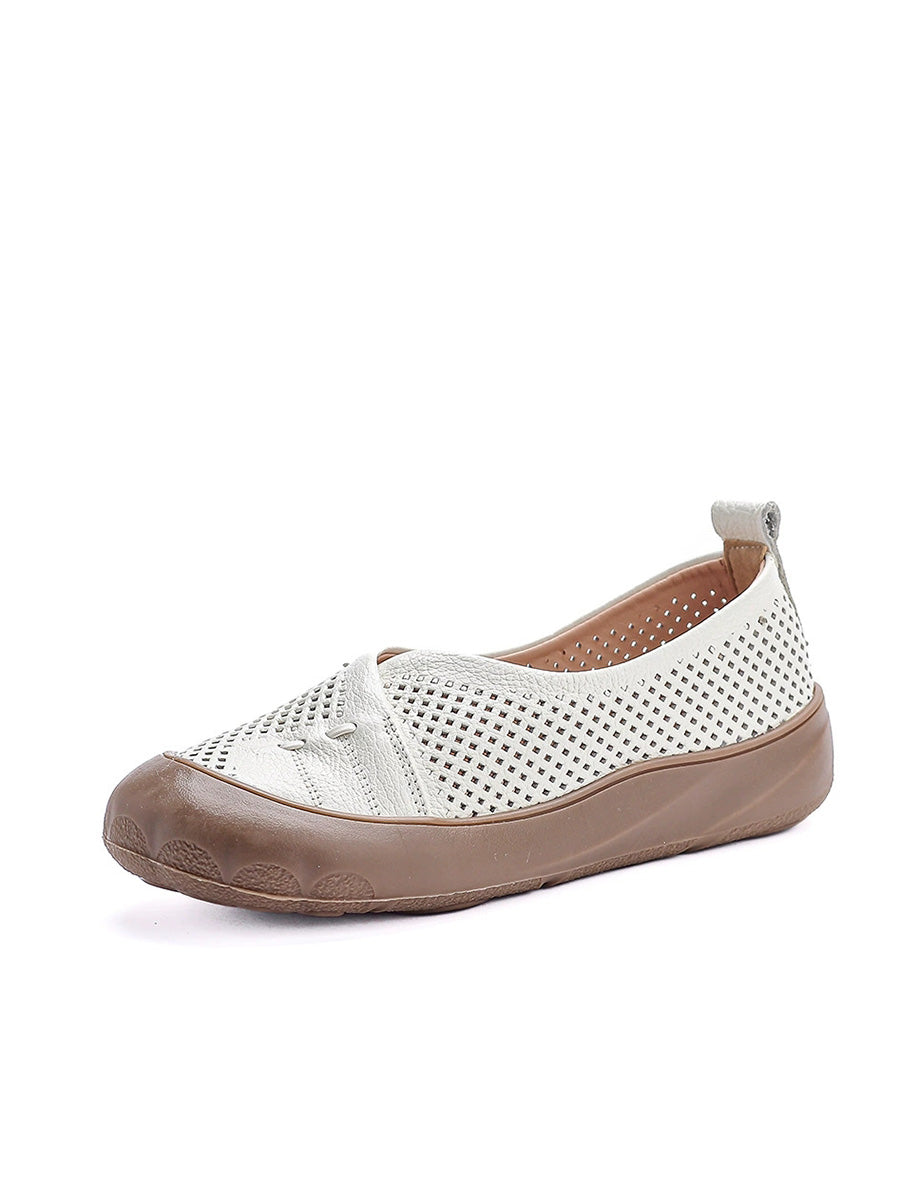 Women Summer Pure Color Leather Spliced Flat Shoes