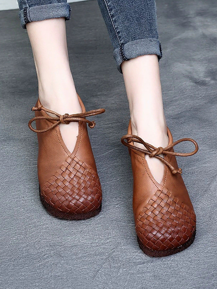 Women Summer Vintage Leather Weave Low Heel Shoes