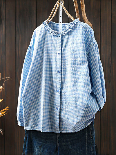 Women Summer Artsy Plaid Lace Collar 100%Cotton Shirt