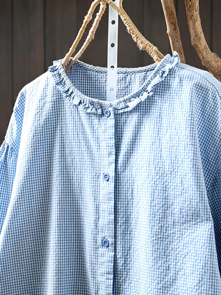 Women Summer Artsy Plaid Lace Collar 100%Cotton Shirt