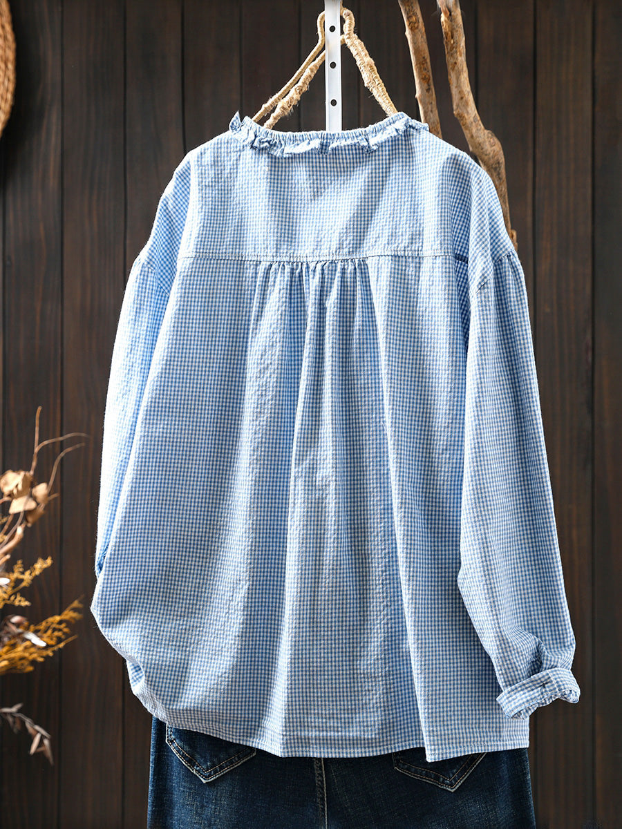 Women Summer Artsy Plaid Lace Collar 100%Cotton Shirt