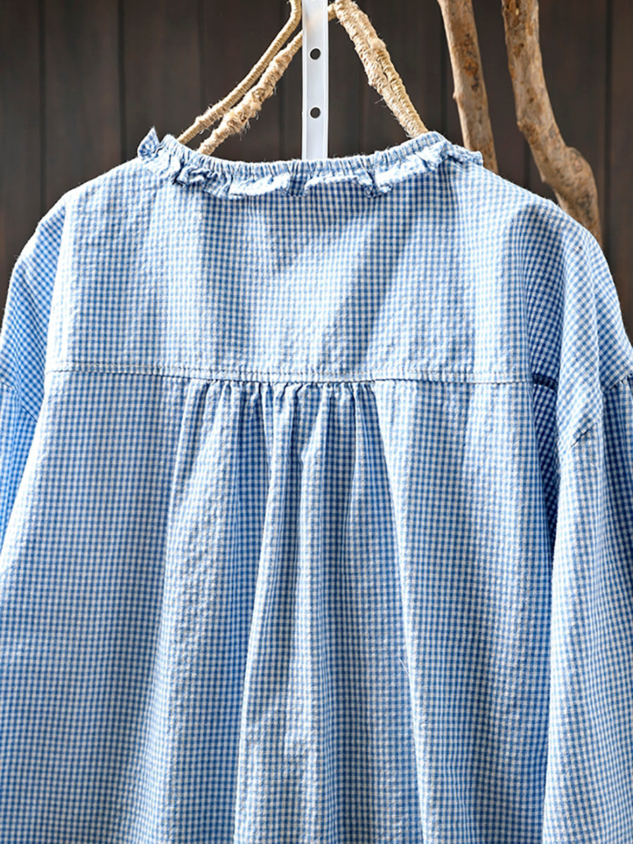 Women Summer Artsy Plaid Lace Collar 100%Cotton Shirt