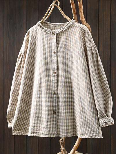 Women Summer Artsy Plaid Lace Collar 100%Cotton Shirt