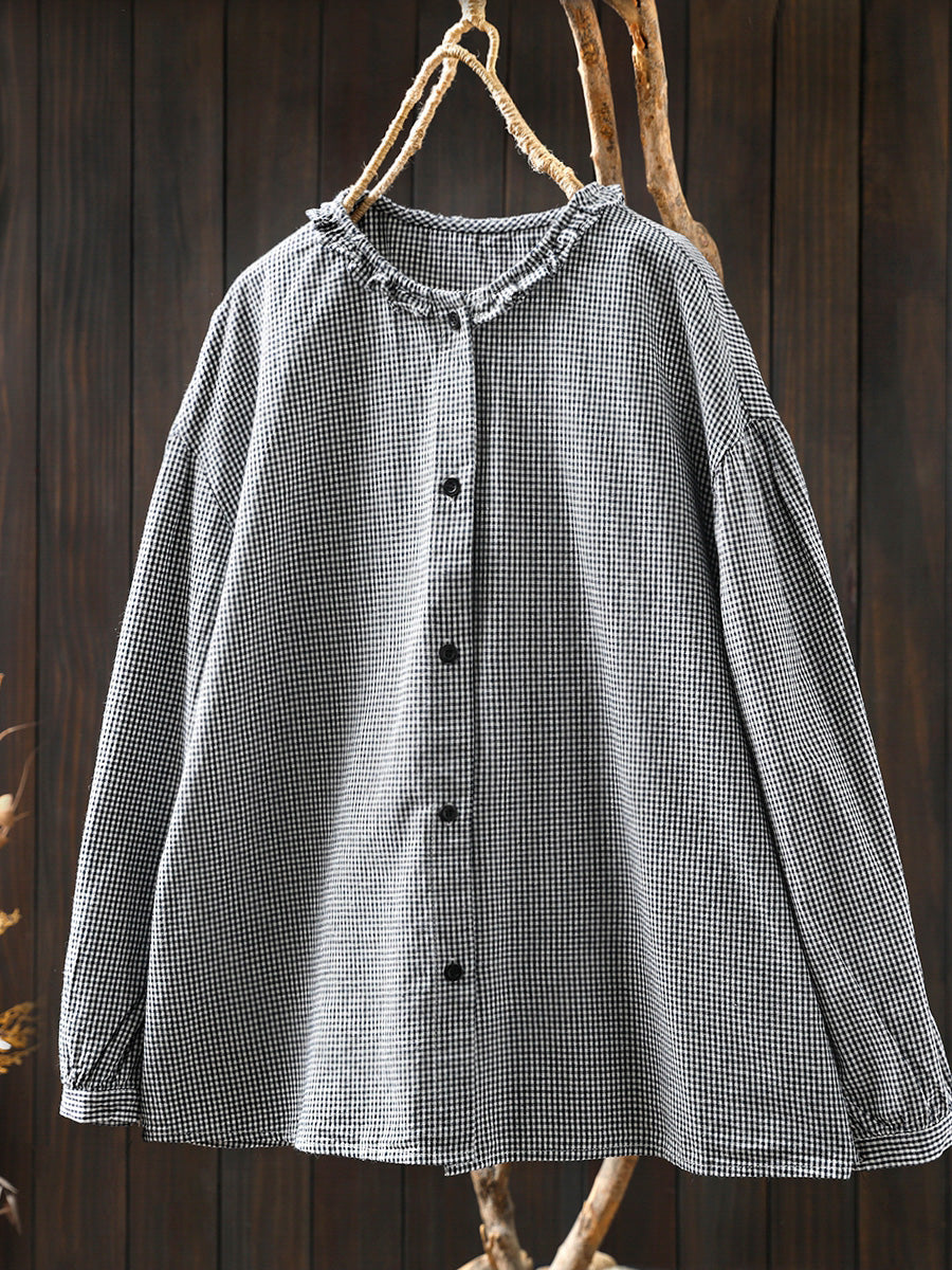 Women Summer Artsy Plaid Lace Collar 100%Cotton Shirt