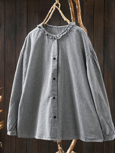 Women Summer Artsy Plaid Lace Collar 100%Cotton Shirt