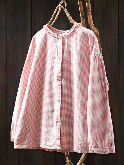 Women Summer Artsy Plaid Lace Collar 100%Cotton Shirt