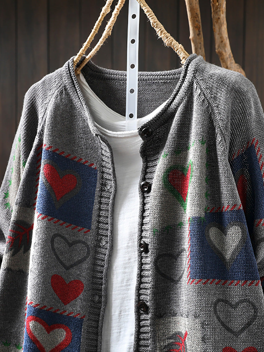 Women Autumn  Artsy Heart Button-up Knitted O-Neck Shirt