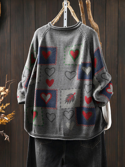Women Autumn  Artsy Heart Button-up Knitted O-Neck Shirt