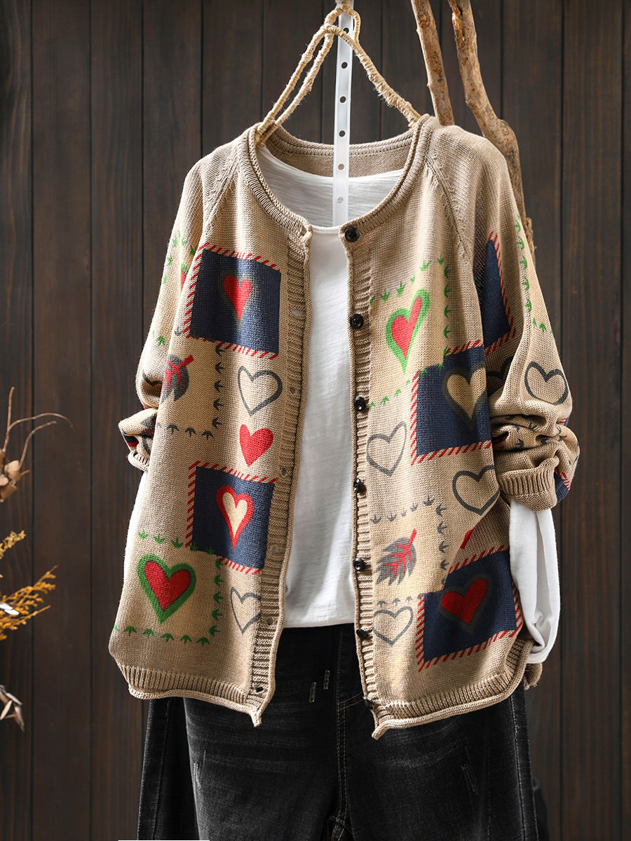 Women Autumn  Artsy Heart Button-up Knitted O-Neck Shirt