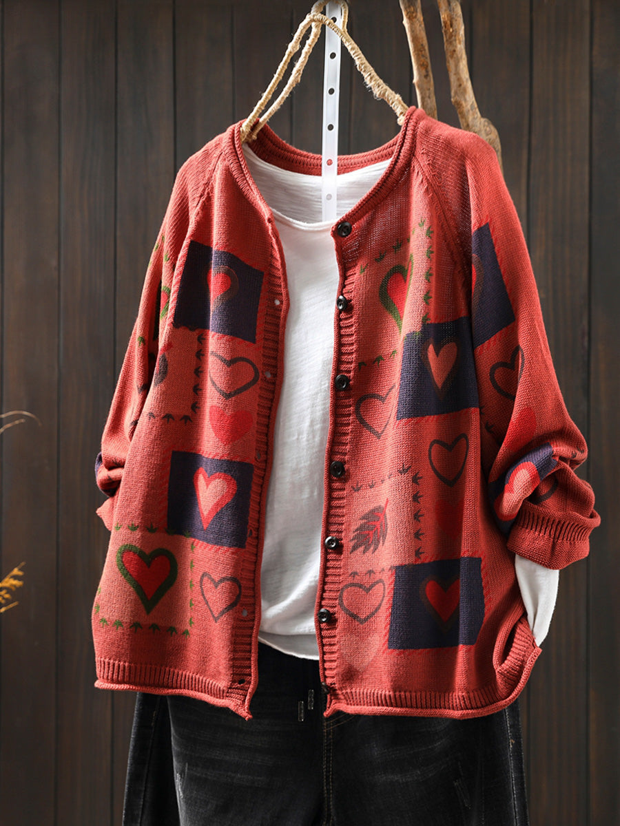Women Autumn  Artsy Heart Button-up Knitted O-Neck Shirt