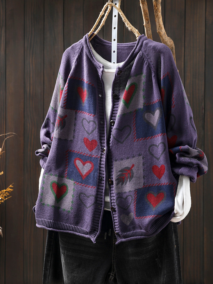 Women Autumn  Artsy Heart Button-up Knitted O-Neck Shirt