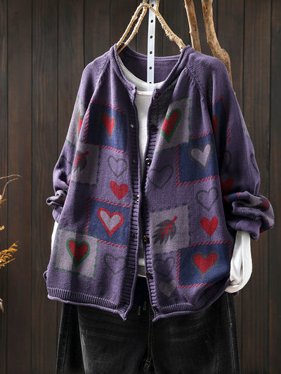 Women Autumn  Artsy Heart Button-up Knitted O-Neck Shirt