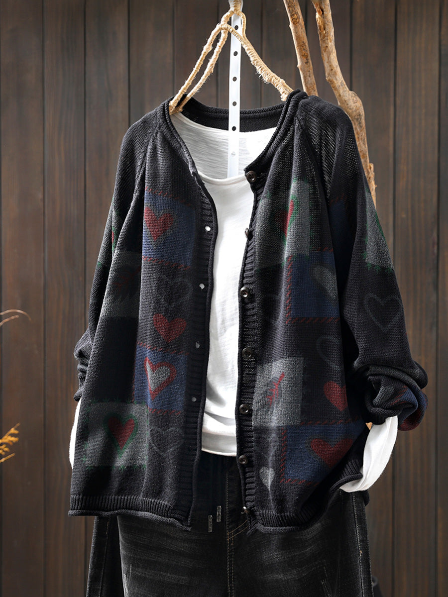 Women Autumn  Artsy Heart Button-up Knitted O-Neck Shirt