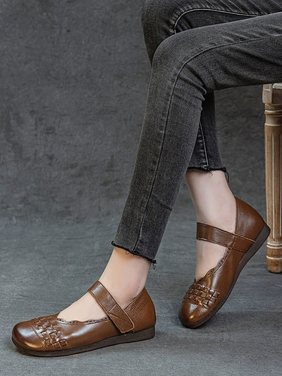 Women Summer Genuine Leather Weave Flat Shoes