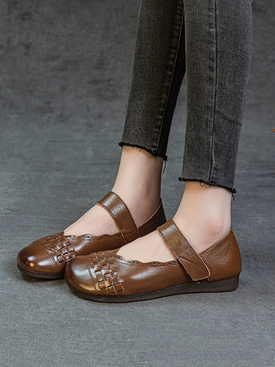 Women Summer Genuine Leather Weave Flat Shoes