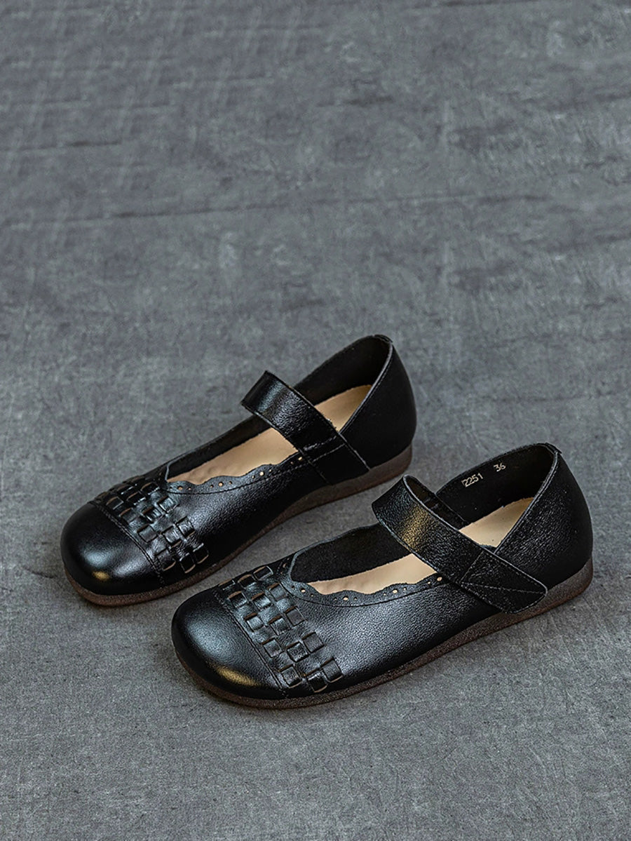 Women Summer Genuine Leather Weave Flat Shoes