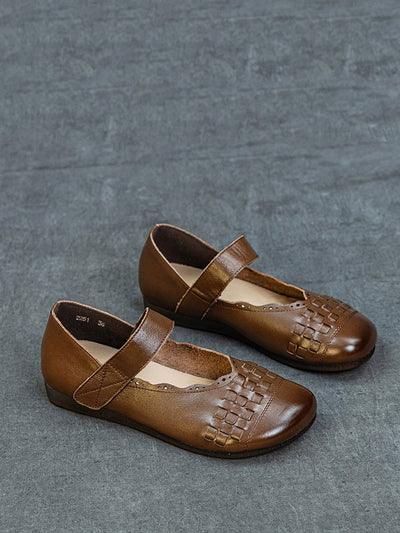 Women Summer Genuine Leather Weave Flat Shoes