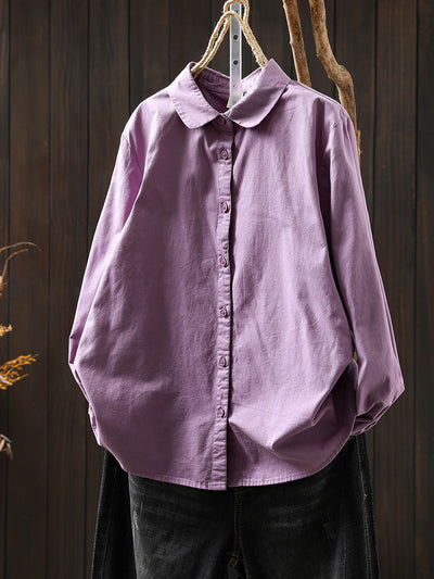 Women Artsy Pure Color Turn-down Collar 100%Cotton Shirt