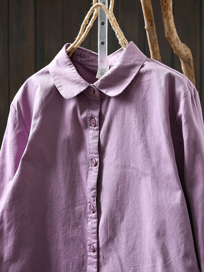 Women Artsy Pure Color Turn-down Collar 100%Cotton Shirt