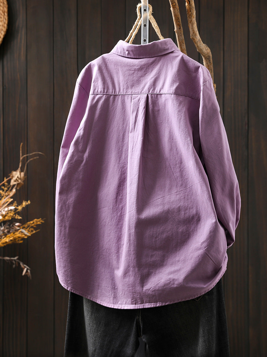 Women Artsy Pure Color Turn-down Collar 100%Cotton Shirt