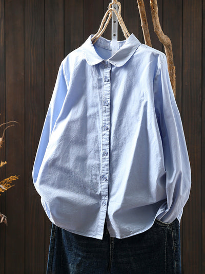Women Artsy Pure Color Turn-down Collar 100%Cotton Shirt