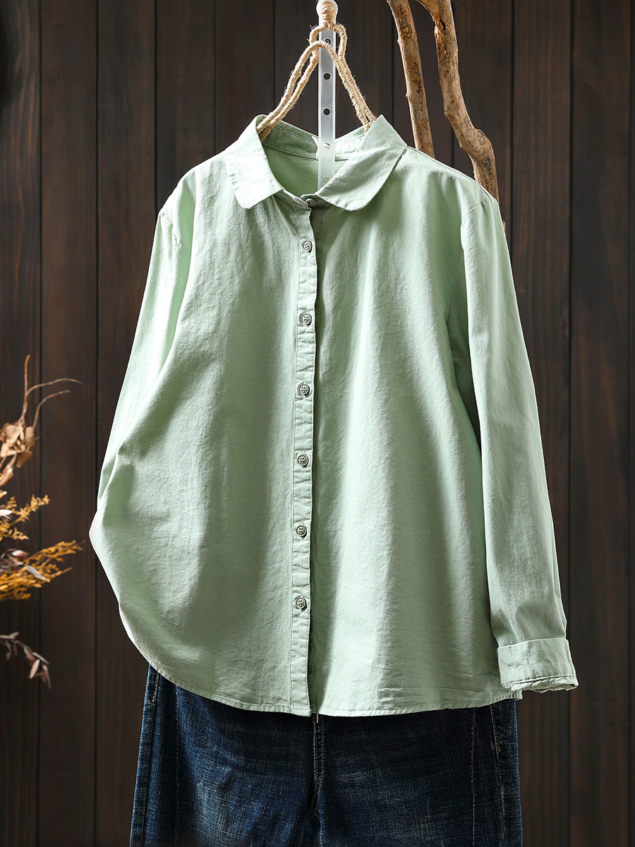 Women Artsy Pure Color Turn-down Collar 100%Cotton Shirt