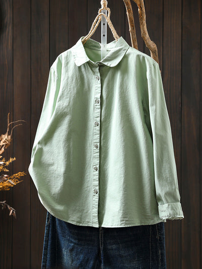 Women Artsy Pure Color Turn-down Collar 100%Cotton Shirt