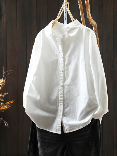 Women Artsy Pure Color Turn-down Collar 100%Cotton Shirt