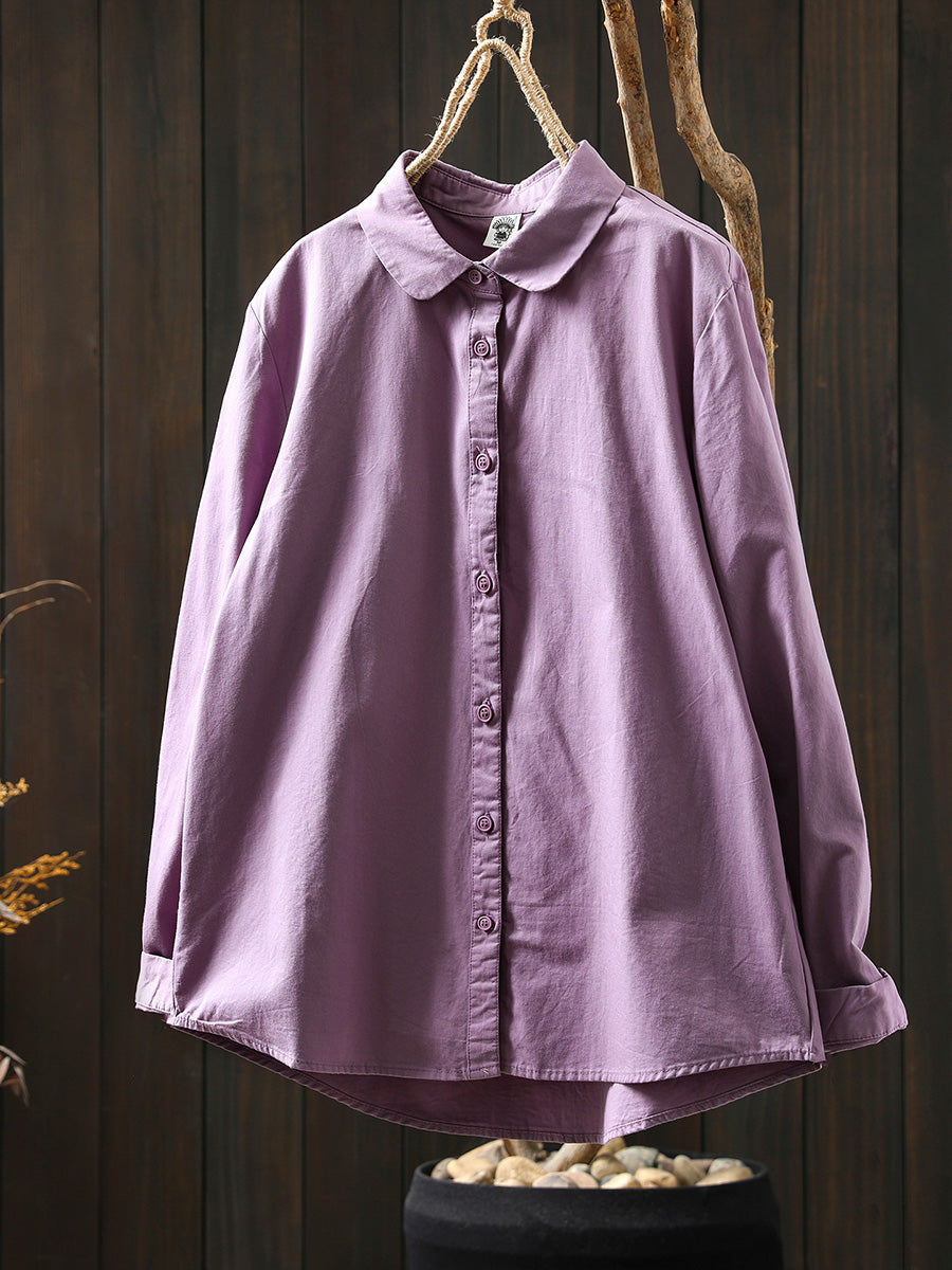 Women Artsy Pure Color Turn-down Collar 100%Cotton Shirt
