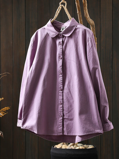 Women Artsy Pure Color Turn-down Collar 100%Cotton Shirt